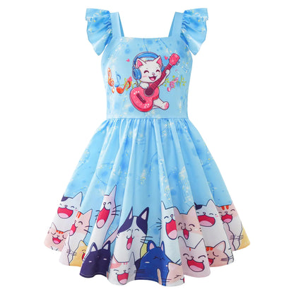 LQSZ Girls Dresses Musical Cat Ruffle Sleeve Fall Christmas Casual Tutu Kids Dress for Toddler Girl Size 6 7