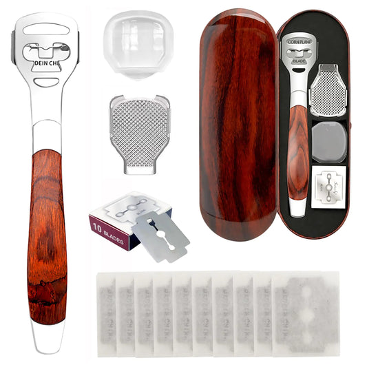 14Pack Pedicure Callus Shaver Set - Stainless Steel Foot File Callus Remover with 10pcs Blades and Wood Handle Professional Heel Scraper Foot File for Feet Care and Dead Skin