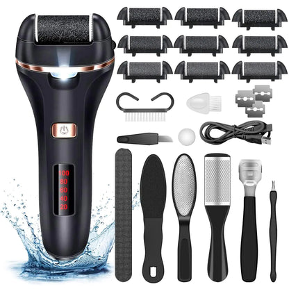 Electric Callus Remover for FeetRechargeable Foot File Hard Skin RemoverWaterproof 14 in1 Professional Pedicure Kit for Cracked Heels &Dead Skinwith 9 Roller Heads 2 Speed Battery Display