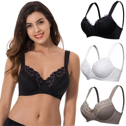 Curve Muse Plus Size Minimizer Underwire Unlined Bras with Embroidery Lace-3Pack-WhiteBlackButtermilk-38D