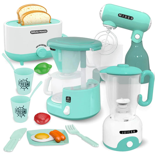 BRIGPICIOUS Kids Play Kitchen Accessories Toys Set Pretend Play Kitchen Appliances Kit - Blende Coffee Maker Mixer Toasters with Light & Sound Playhouse Role Play Toy Gift for Girl Ages 3 4 5 6