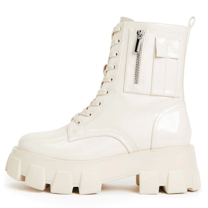 JustFab Womens White Combat Boots Platform Boots Lace-up Combat Boots Ankle Booties Platform Shoes for Women - Reverie (White 10)