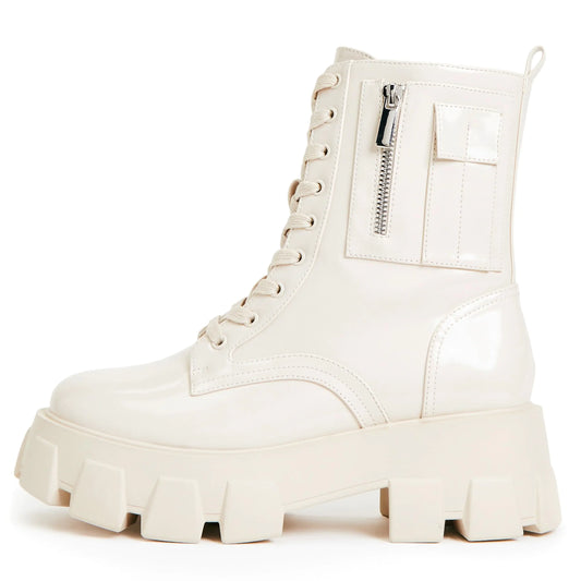 JustFab Womens White Combat Boots Platform Boots Lace-up Combat Boots Ankle Booties Platform Shoes for Women - Reverie (White 10)