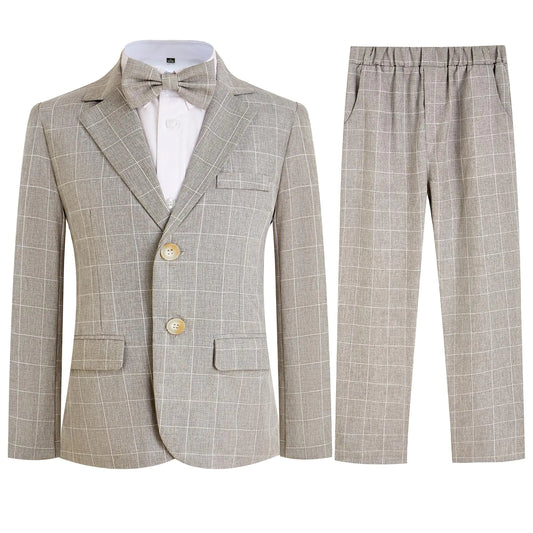 Boys Plaid Suit Set 3 Pieces Blazer Vest Pants Classic Formal Suit for Wedding Party Light Gray