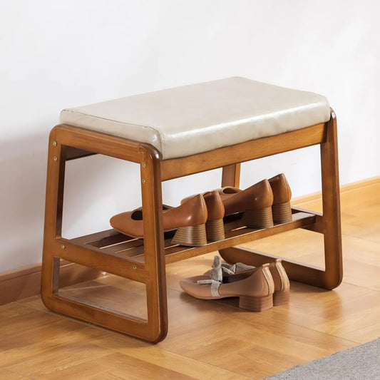 latifolia Shoe Bench Solid Wood Shoe Bench with Cushion 2 Tier Shoe Storage Bench for Entryway Hallway Living Room(Beige21.65L)