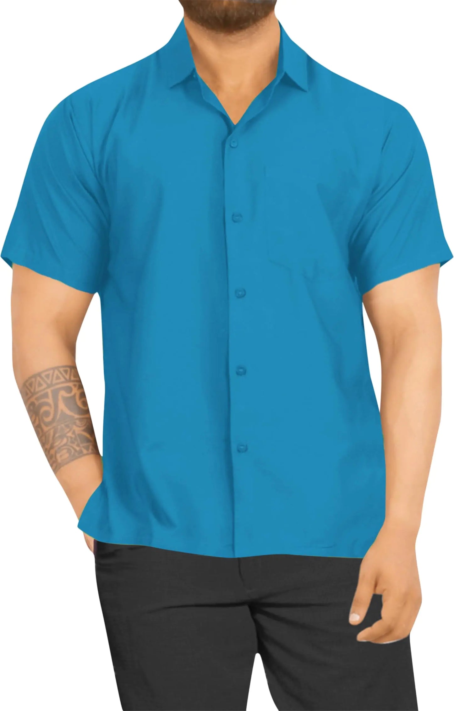 LA LEELA Mens Short Sleeve Button Down Casual Camp Summer Shirt Beach Shirts Business Solid Shirts for Men Vacation Dress Shirts with Pocket XL Turquoise Plain