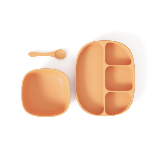 Baby Led Weaning Supplies Baby Feeding Set by Muqee Peeko in Honeycomb Yellow Color with Baby Plates with Suction Infant Baby Bowls with Suction and Baby Spoon (3 Piece Set)
