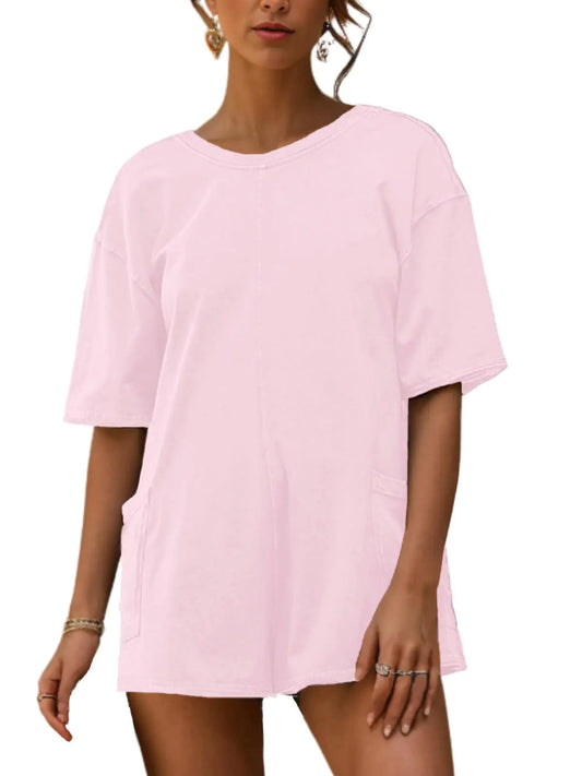 AnotherChill Womens Athletic Romper With Pockets Workout Tee Rompers Backless Oversized Onesie Casual Activewear (Pink X-Large)