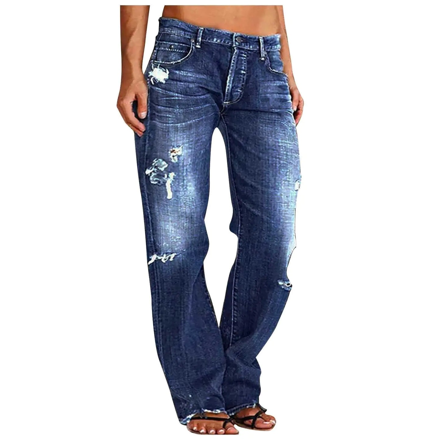 Ripped Jeans Womens Baggy Mid Rise Straight Leg Jeans Wide Leg Denim Pants with Pockets Boyfriend Trouser Jeans 2024 Tummy Control Jeans for Women Loose Stretchy Jeans Cute Slim Fit Jeans Dress Pants