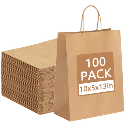 Moretoes 100pcs Paper Gift Bags 10x5x13 Inches Brown Kraft Paper Bags with Handles Bulk Shopping Bags Retail Bags for Small Business Birthday Wedding Party Favor Bags Merchandise Bags