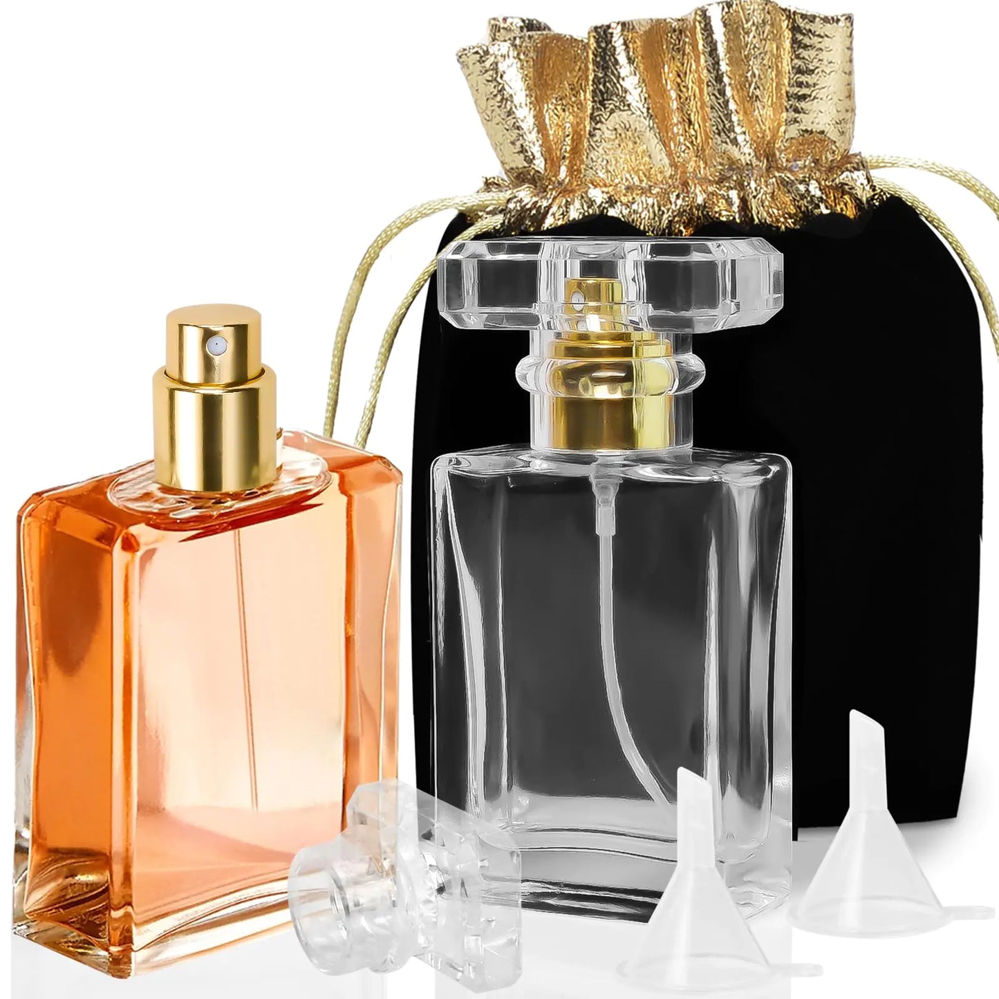 Luxsego Perfume Bottle Atomizers with Funnels 30 ML Refillable Perfume Spray Empty Spray Bottle Glass Cologne Atomizers for Travel Handbag or Date Storage Bag Included (Transparent Gold)