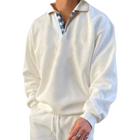 Opomelo Mens Long Sleeve Pullover Polo Shirts-Casual Loose Fit Sweatshirts V Neck Tops White