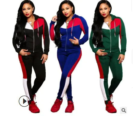 2020 Women's Color Block Hooded Knit Tracksuit Set