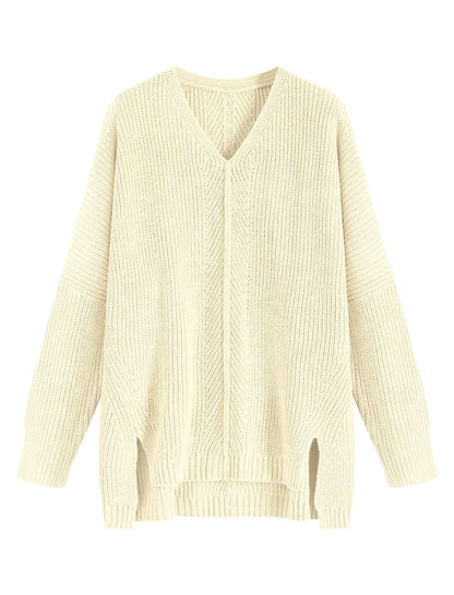 ZAFUL Fall Sweaters for Women 2024 Pullover Sweaters V Neck Long Sleeve Oversized Knit Batwing Drop Shoulder Split Tops Trendy Winter Clothing Beige S