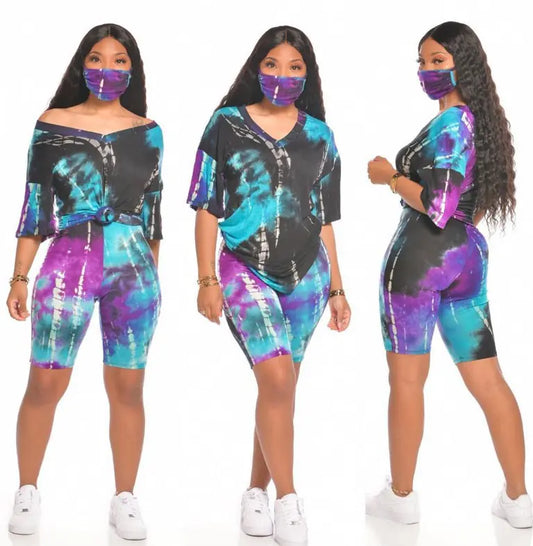 Tie-Dye V-Neck Casual Sportswear Set with Mask