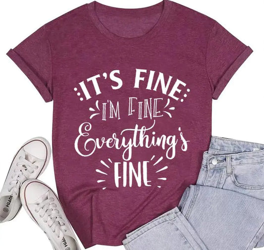 Humorous T Shirts for Women Its Fine Im Fine Everything is Fine Letter Print Positive T Shirts Summer Comfy Short Sleeve Teacher Tee Tops(Purple S)