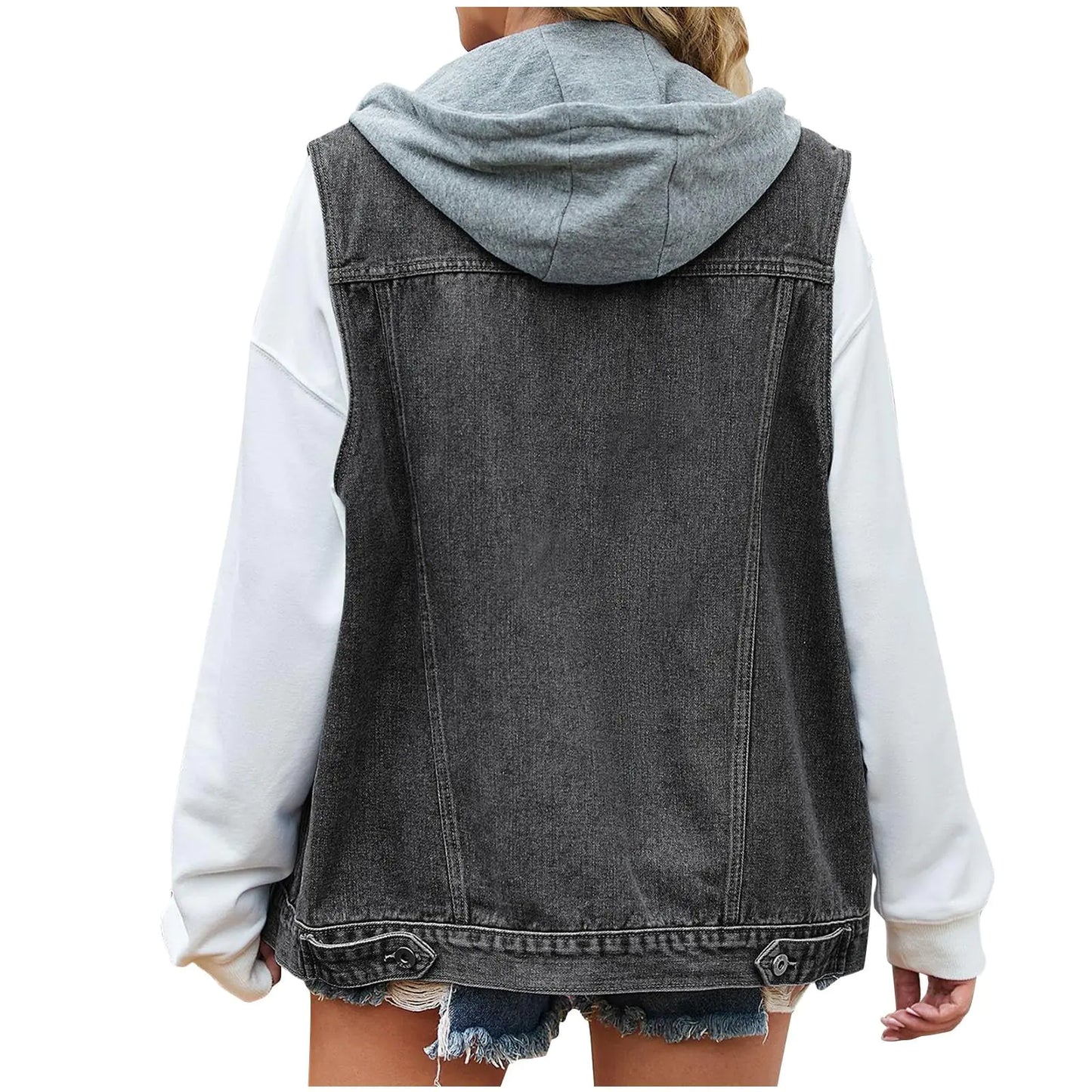 E-843 Black Women Turtle Neck Denim Outfits Casual Jacket Hood Coats for Women Long Rolled Sleeve Loose Fit Western with Hood Plain Winter Fall Outfits 2024 Clothing MN XL