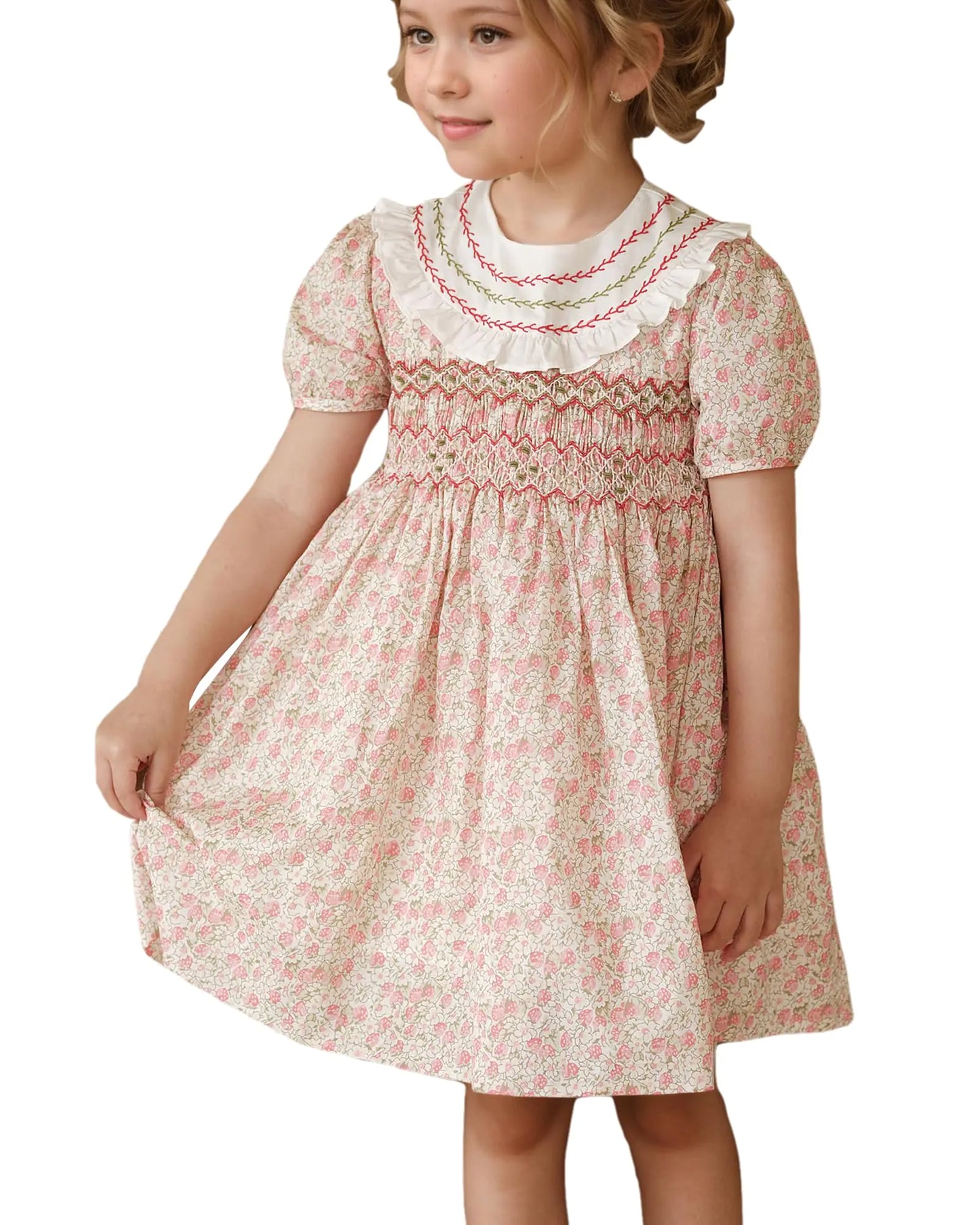 Twoflower Kids Baby Girls Floral Print Vintage Dress Toddler Smocking Dress Casual Embroidery Dresses for Spring Summer 1-6 Years(US Age 3 Years Strawberry)
