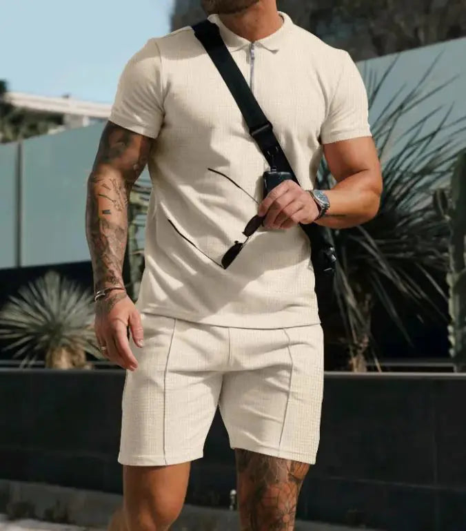 Men's Short Sleeve Shorts Casual Suit Summer Waffle Solid Color Casual Loose Lapels T-shirt Suit Men