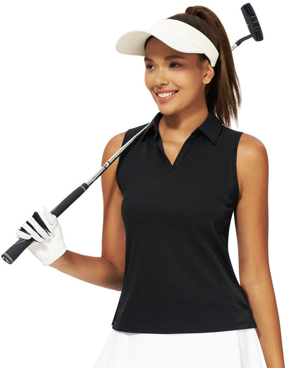 Stelle Womens Sleeveless Golf Polo Shirts Tennis Shirts V Neck Quick Dry with Collar (Black S)