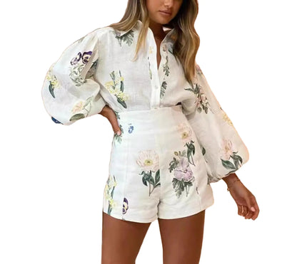 Molilove Womens 2 Piece Outfit Hawaiian Long Sleeve Button Down Shirt and Shorts Tracksuit Lounge SetBeigeSmall