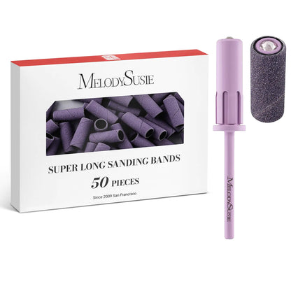MelodySusie 50 Pcs Nail Drill Bits Super Long Sanding Bands with 6.65mm Crystal Mandrel Bit 180 Fine Grit Nail File for Acrylic Nails Gel Manicures and Pedicure Purple