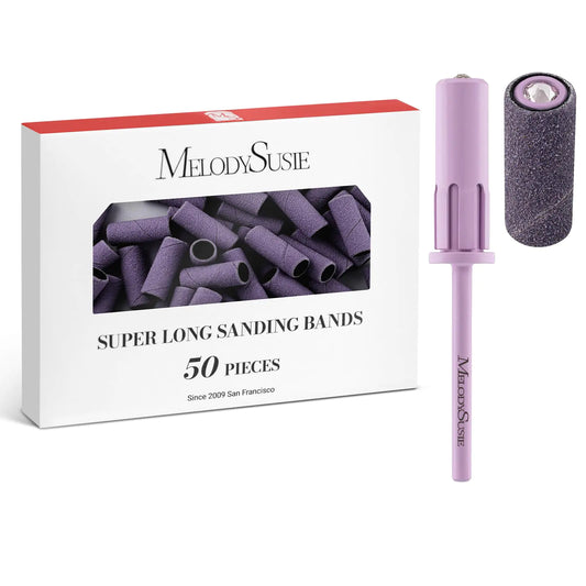 MelodySusie 50 Pcs Nail Drill Bits Super Long Sanding Bands with 6.65mm Crystal Mandrel Bit 180 Fine Grit Nail File for Acrylic Nails Gel Manicures and Pedicure Purple