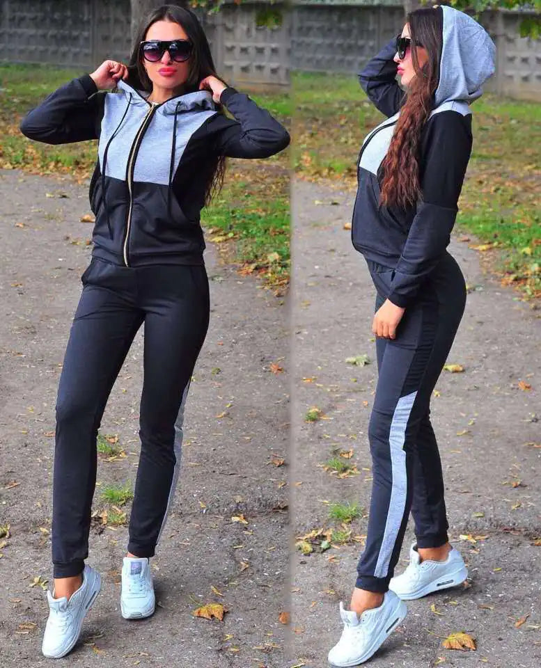 2020 Women's Color Block Hooded Knit Tracksuit Set