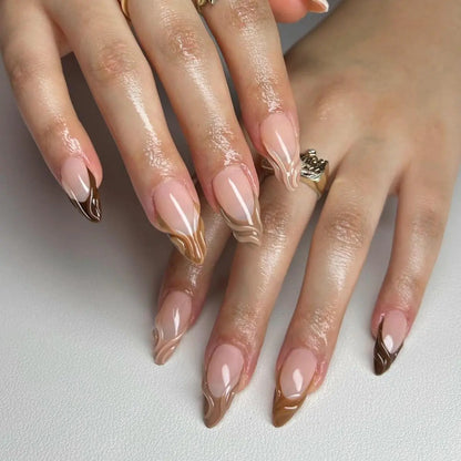 TENPAL French Tip Press on Nails Short Almond Maillard Fall Nails Brown Oval Glossy Fake Nails with 3D Curve Acrylic False Nails Press Ons for Women Autumn Winter Wearable Simple Fake Nails 24pcs