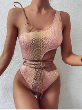 2020 Trending One-Shoulder Snake Print Bikini Set