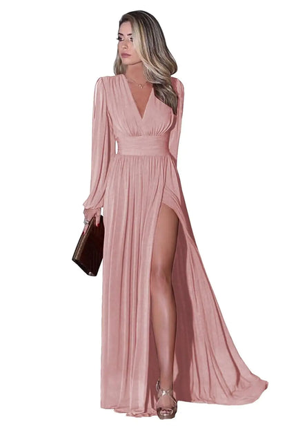 petyoo V-Neck Bridesmaid Dresses for Wedding with Slit Dusty Rose Chiffon Zipper Long Sleeve Formal Dress Size 6