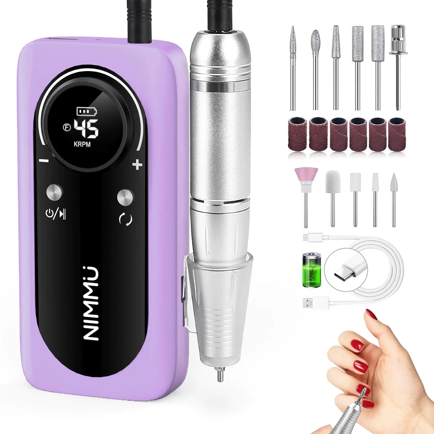 Nimmu Portable Nail Drill Professional 45000RPM Electric Nail File for Acrylic Nail Remove Gel Polish Rechargeable Nail Drill Machine with 11 Bits Kit for Manicure Salon Home (Purple)
