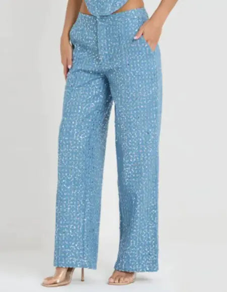 Denim Sequined Tube Top Pants Suit