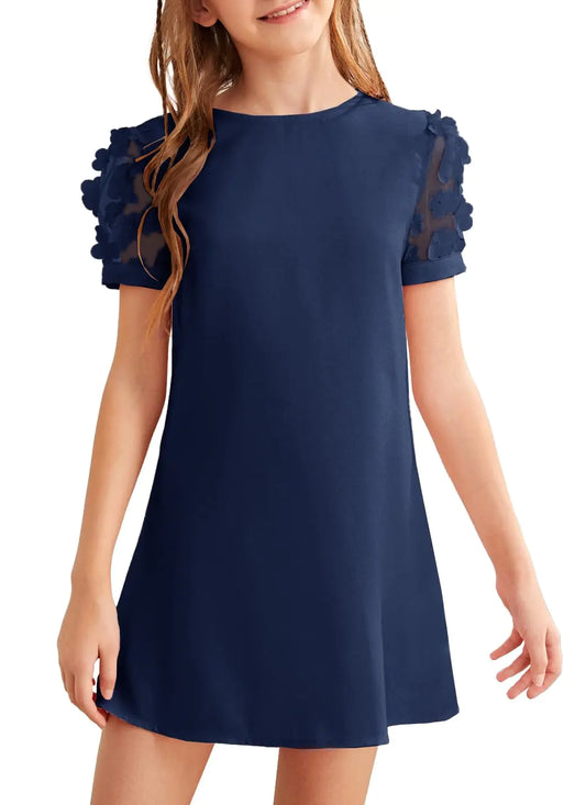 YOVION Girls Short Dresses Mesh A-Line Flower Sleeve Round Neck Solid Color Casual Party Tunic Dress Size 6 Navy Blue