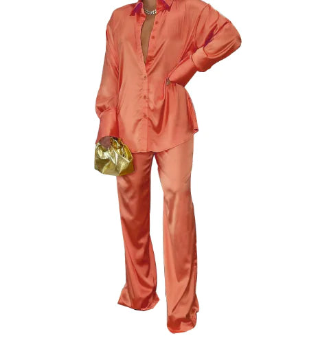 Elegant Plus Size Satin Tracksuit with Wide Leg Pants