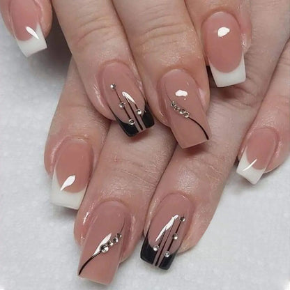 AkiliBIELY French Tip Press on Nails Short Medium Square Black White Fake Nails Pink Rhinestone Curve Glue on Nails Women Fantasy Stick on Nails for Acrylic Gel False Nails Wedding Birthday