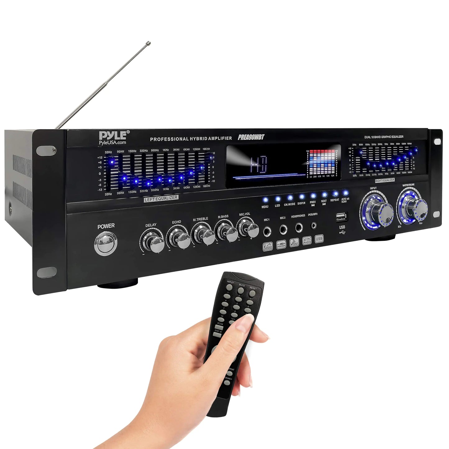 Pyle 6-Channel Bluetooth Hybrid Home Amplifier - 1600W Home Audio Rack Mount Stereo Power Amplifier Receiver w/ Radio USB/AUX/RCA/MIC HD/OPT/COAX AC-3 DVD Inputs Dual 10 Band EQ - PREA90WBT