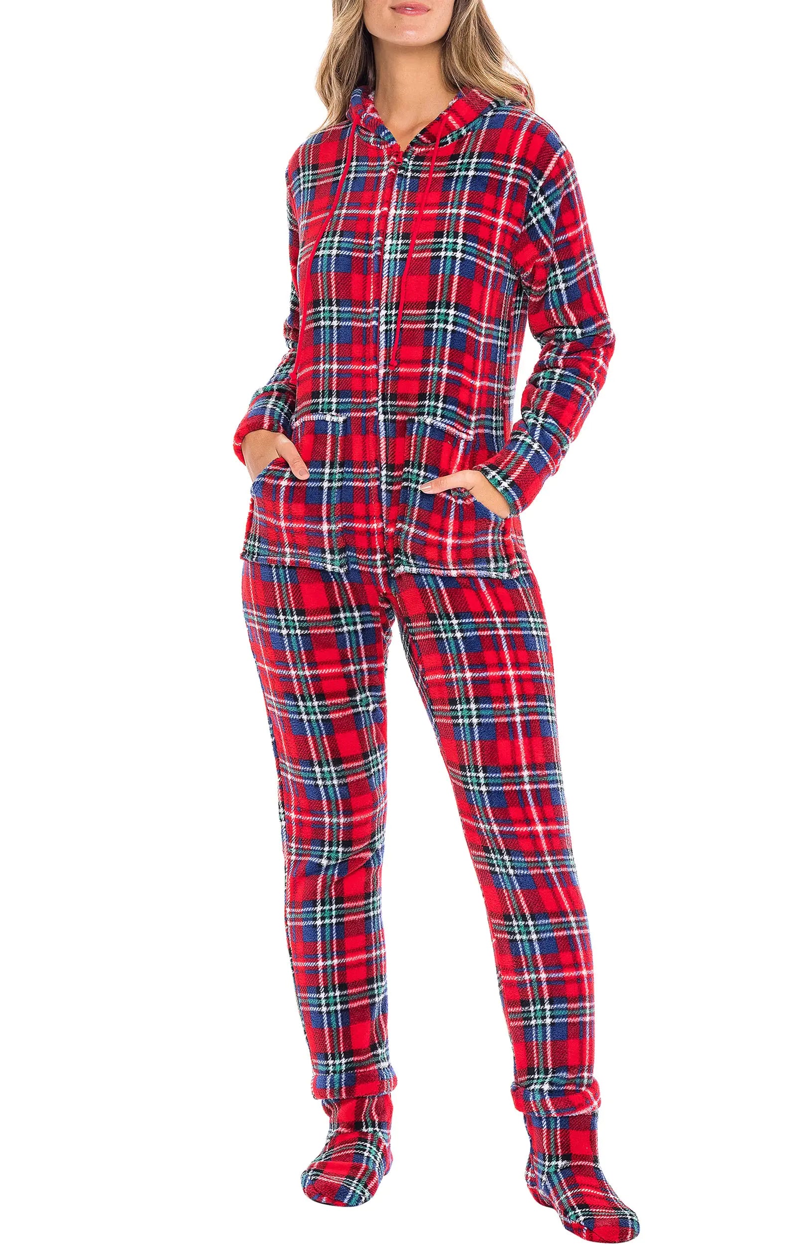 Alexander Del Rossa Adult Onesie Pajamas for Women Hooded Fleece Adult Onesies for Women One Piece Pajamas for Women Stewart Tartan Plaid XS (A0322Q19XS)