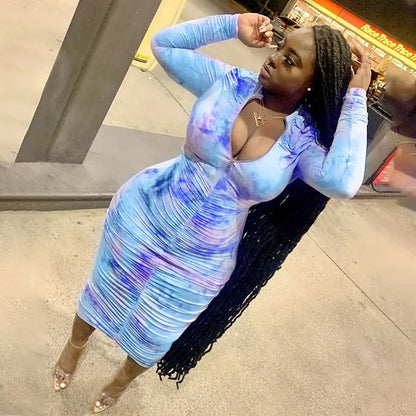 Sexy Zipper Long Sleeve Dress - Slim Fit Midi Dress