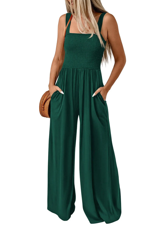KIRUNDO Wide Leg Jumpsuits for Women One Piece Summer Smocked Sleeveless Overalls Denim Adjustable Straps Long Pant Romper with Pockets Trendy Clothing(Green X-Large)
