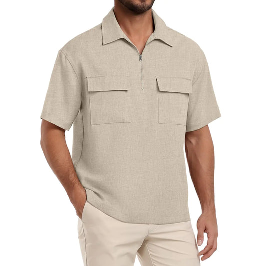Lepunuo Mens Zipper Polo Shirts Linen Casual Shirts Short Sleeve Loose Golf Shirts Soft Pullover Khaki