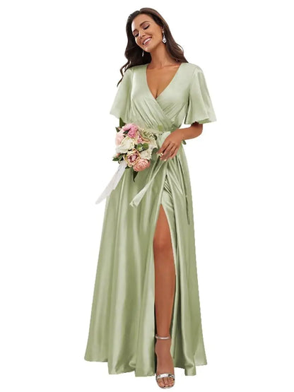 YMSHA A Line Deep V-Neck Sage Green Bridesmaid Dresses for Women Satin Pleated Long Slit Formal Dress with Sleeves 6