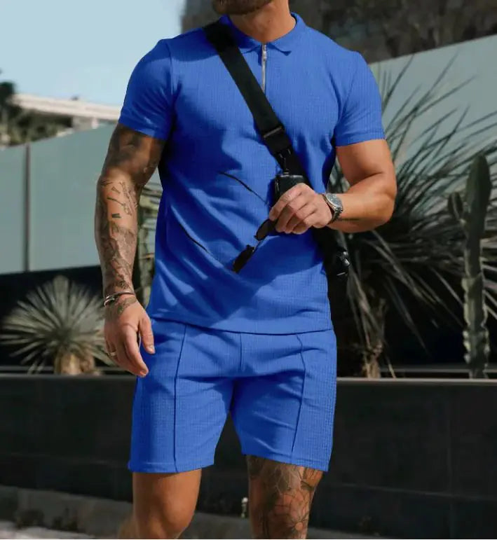 Men's Short Sleeve Shorts Casual Suit Summer Waffle Solid Color Casual Loose Lapels T-shirt Suit Men