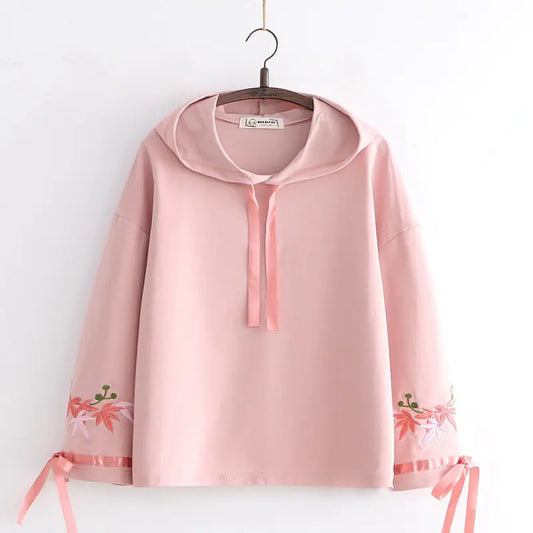 Floral Embroidery Hooded Tracksuit with Flare Sleeves