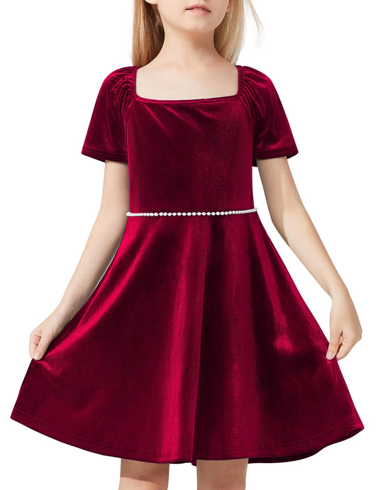 UOTORI Toddler Girl Fall Velvet Dress Square Neck Peal Swing Twirl Party Short Sleeve Dresses Winter Outfit for Girl Red 6-7Y