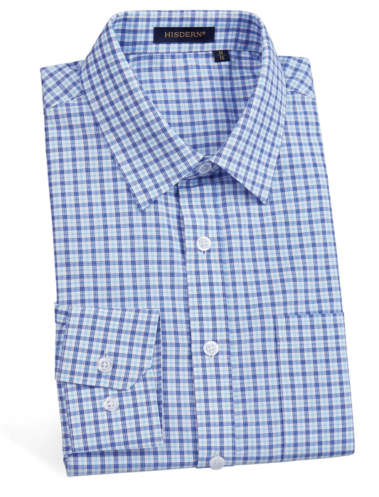 HISDERN Mens Dress Shirts Long Sleeve Blue White Plaid Button Down Shirt Men Casual Gingham Button Up Shirt Formal Business Work Wedding Party