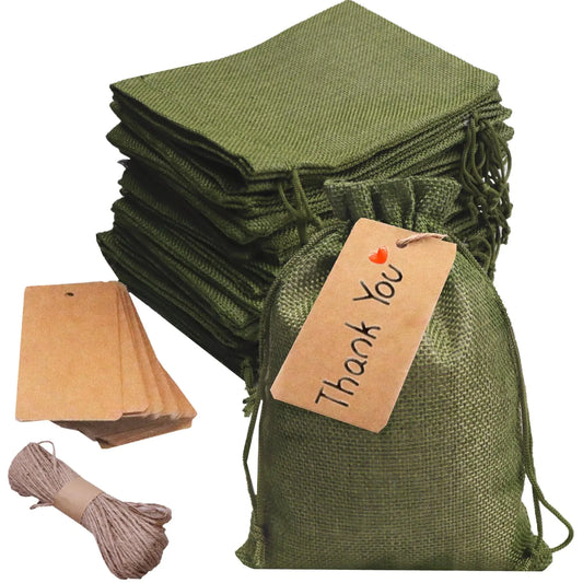 Gbateri 50 Pack Linen Burlap Bags with Drawstring Gift Bags 5x7” Jute Bags Small Hessian Bags Jewelry Pouches Party Favor Bags Treat Bags with Strings & Tags for Christmas Wedding Birthday (Green)