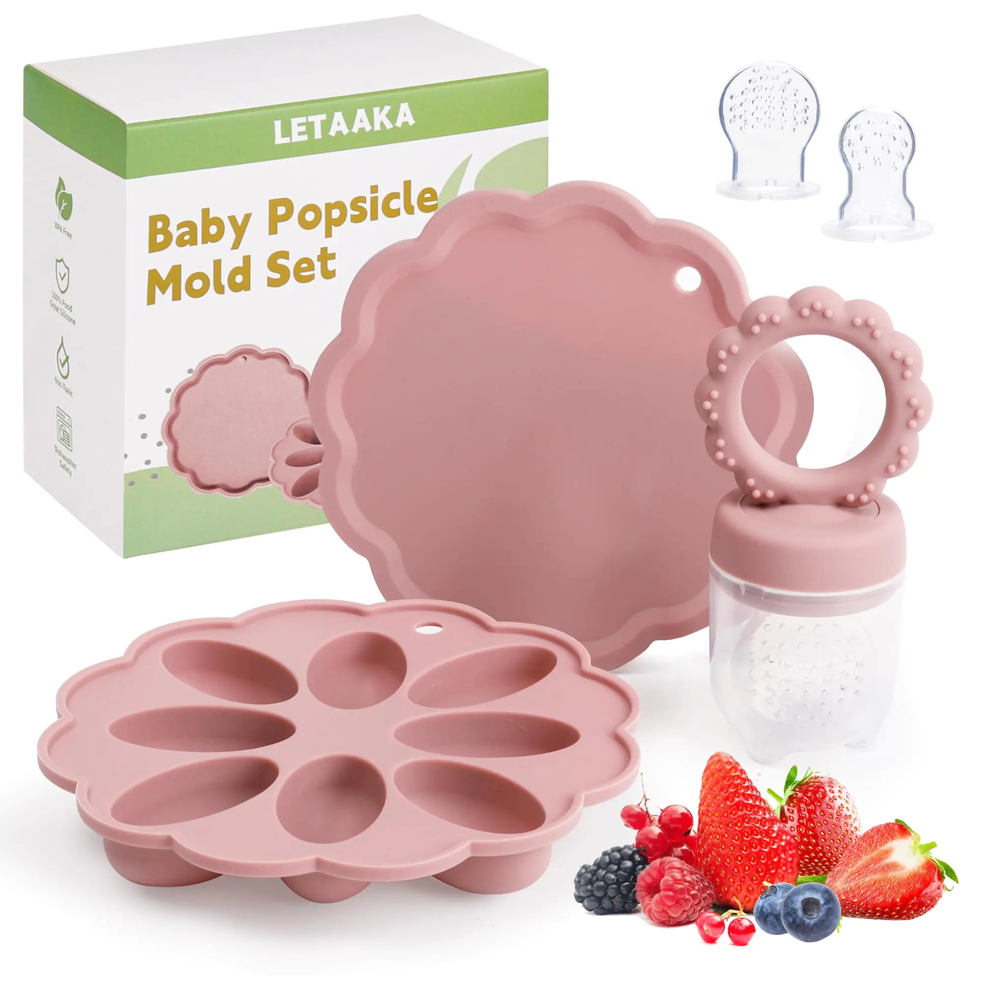 3-in-1 Silicone Baby Breastmilk Popsicle Molds+Baby Fruit Food Feeder+Baby Teethers Teething Relief Toys Silicone Baby Food Freezer Tray Baby Girl Boy Essentials with 3 Pacifiers(Pink)