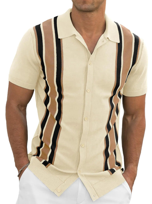 NITAGUT Mens Polo Shirts Vintage Striped Knitting Short Sleeves Button Down Golf ShirtsYellowXX-Large