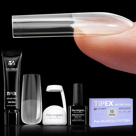 Five Angeles Tipex Nail Tips KitPre-etched Acrylic Hard Nail Tips Set for BeginnersLong Square Full Cover Press On NailsDeep C Curve Flat NailsUV Nail+Glue+LED Lamp+Base Gel
